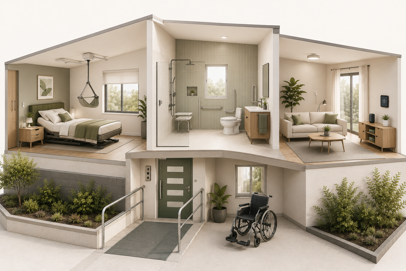 Accessible home environment with bedroom, bathroom, living space and entry