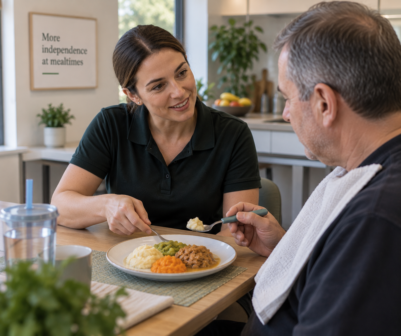 Adult receiving swallowing assessment with a speech pathologist